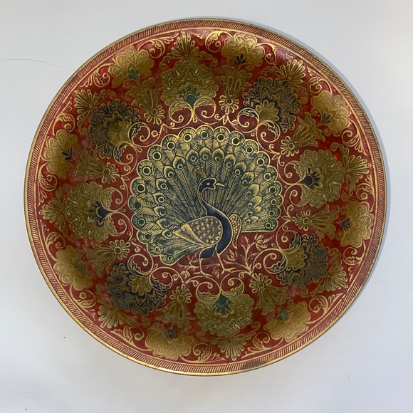 Vintage Cloisonné Peacock Brass Pedestal Bowl - Picture 1 of 3